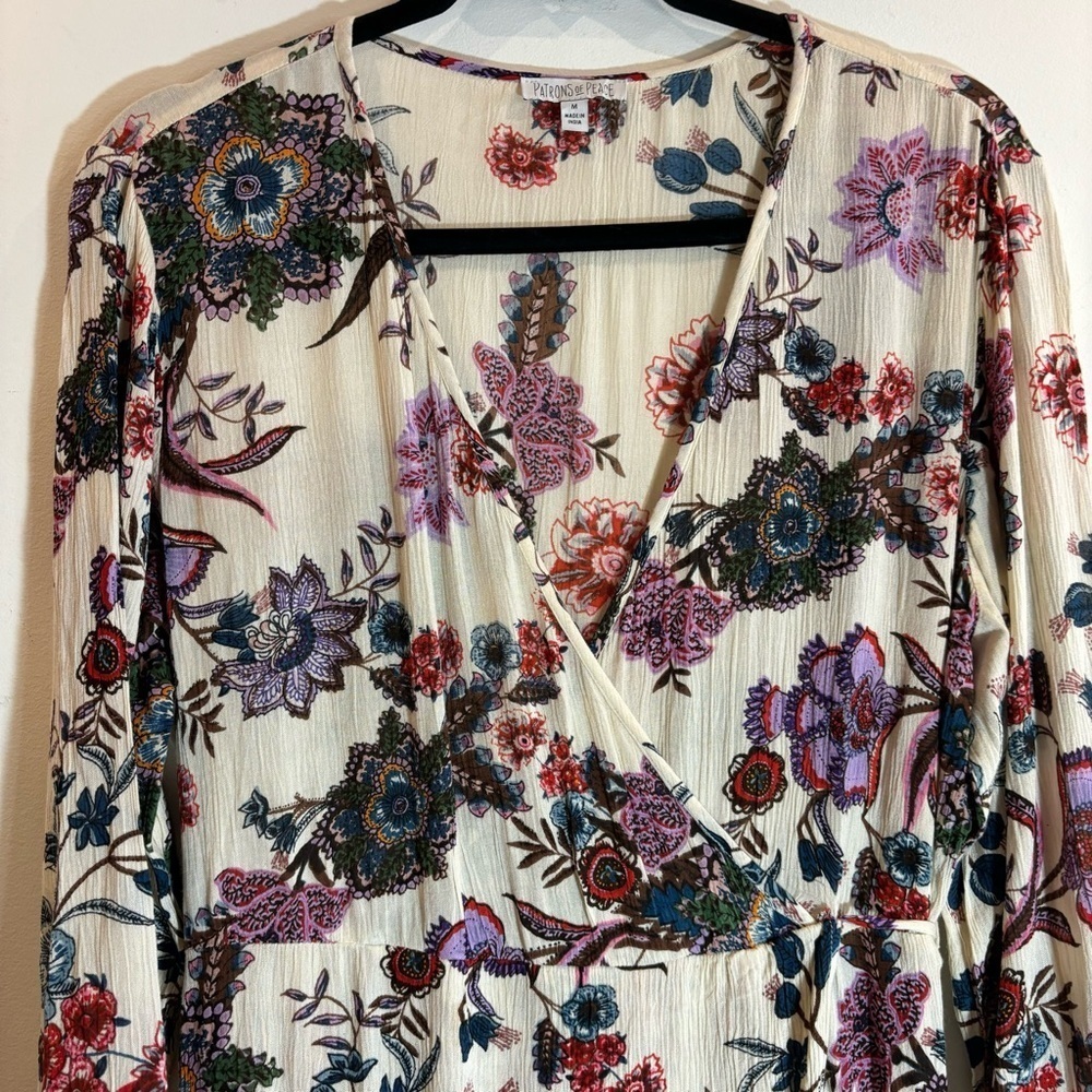 PATRONS OF PEACE Sz M Floral Faux Wrap Balloon Cuffed Sleeves Deep-V Maxi  Dress - Picture 8 of 14